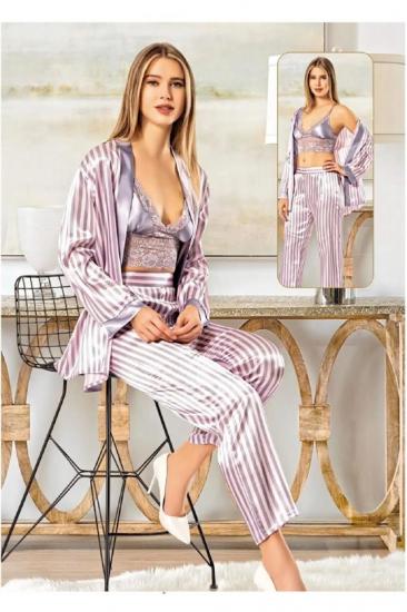 Nilay Kadın Çizgili Büstiyerli Pijama Sabahlık Takım