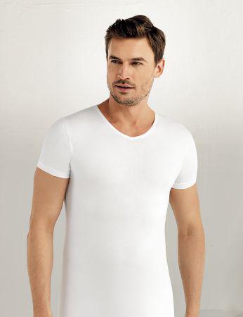 Şahinler Kısa Kol V Yakalı Likralı Süprem Tshirt Beyaz ME072