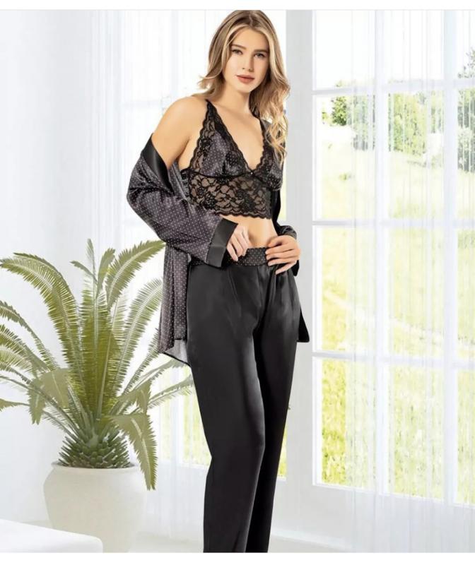 Nilay Kadın Puantiyeli Büstiyerli Pijama Sabahlık Takım