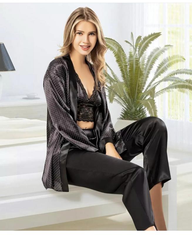 Nilay Kadın Puantiyeli Büstiyerli Pijama Sabahlık Takım