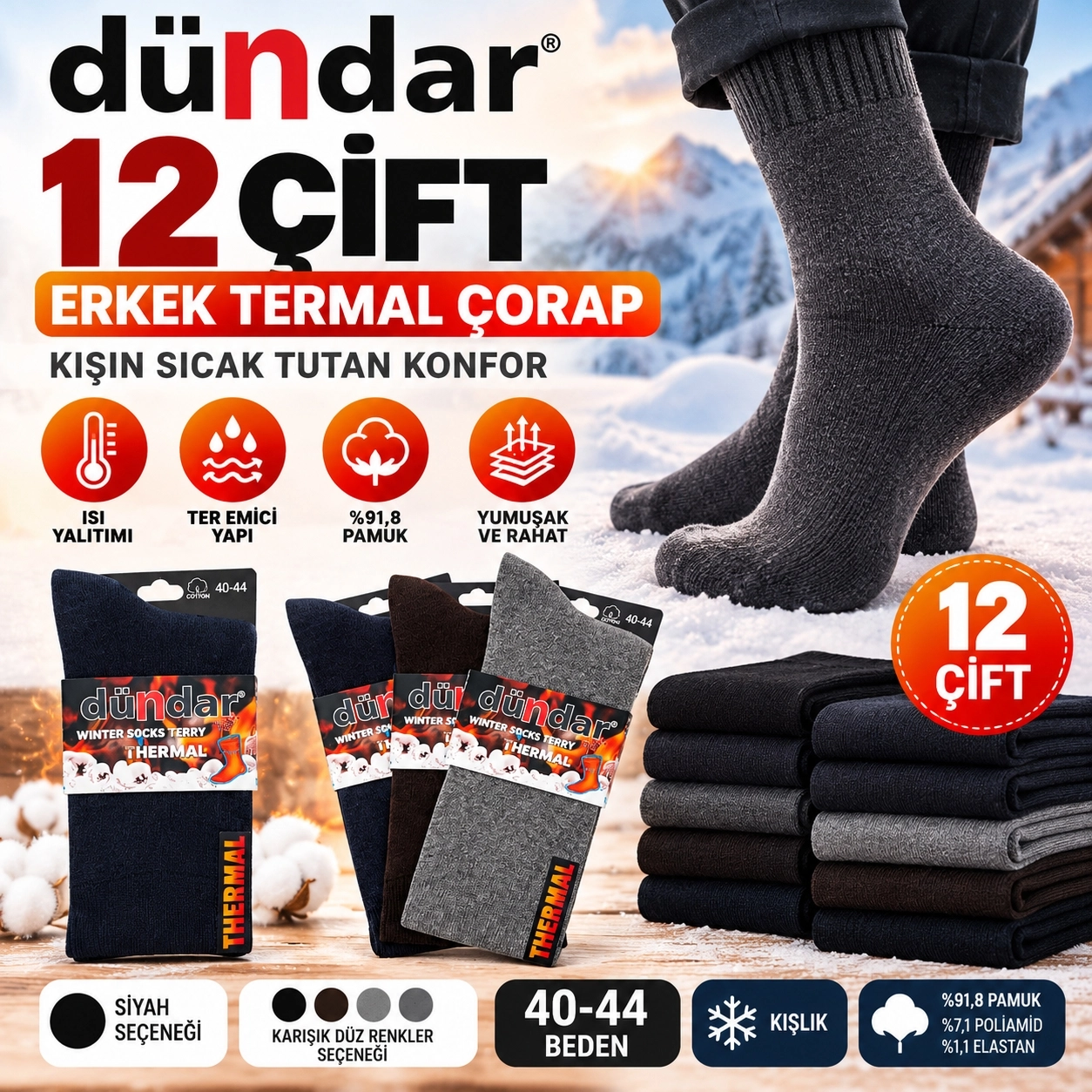 Dündar 12 Çift Erkek Termal Çorap