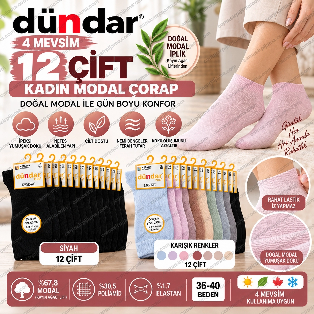Dündar 12 Çift Kadın 4 Mevsim Modal Çorap