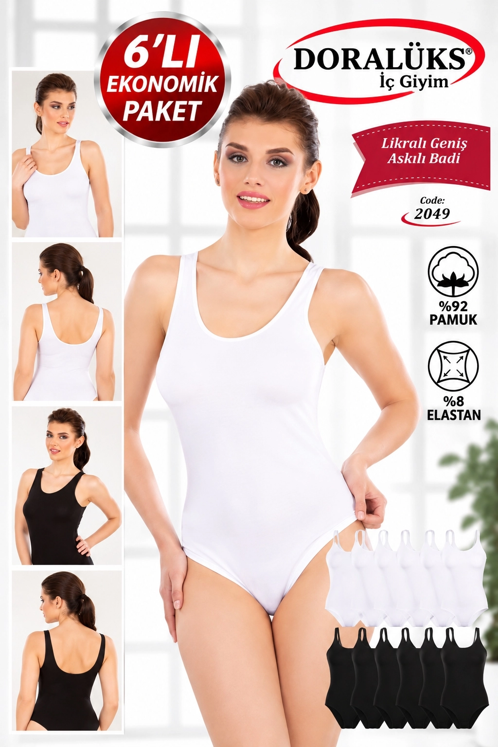 Doralüks 6 Adet Kadın Geniş Askılı Çıtçıtlı Body