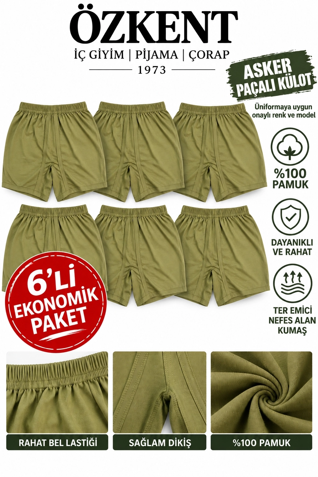 Asker 6 Parça Haki Renk Paçalı Külot