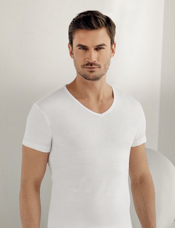 Şahinler Kısa Kollu V Yaka Ribana Tshirt Beyaz ME026
