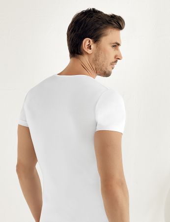 Şahinler Kısa Kol V Yakalı Likralı Süprem Tshirt Beyaz ME072