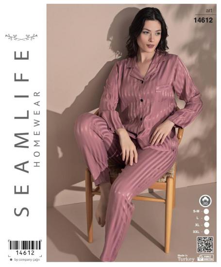 Seamlife Kadın Boydan Dümeli Pamuk Saten Pijama
