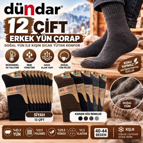 Dündar Kışlık 12 Çift Wool Erkek Yün Çorap