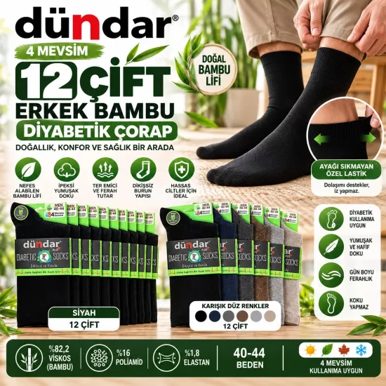 Dündar 12 Çift Erkek Bambu Diyabetik Çorap