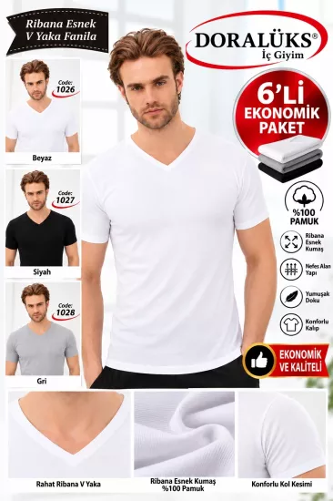 Doralüks 6 Adet Erkek Esnek Ribana V Yaka Tshirt 