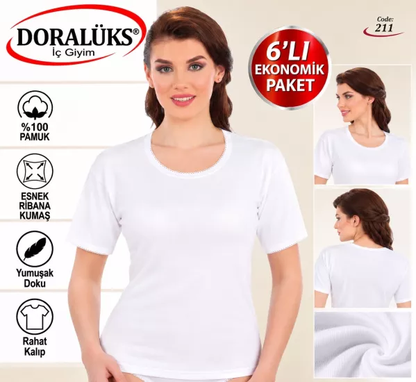 Doralüks 6 Adet Kadın Esnek Ribana Kısa Kol Fanila