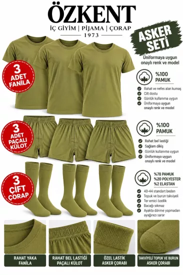 Asker Haki Renk 3 Fanila 3 Boxer 3 Çift Çorap Set
