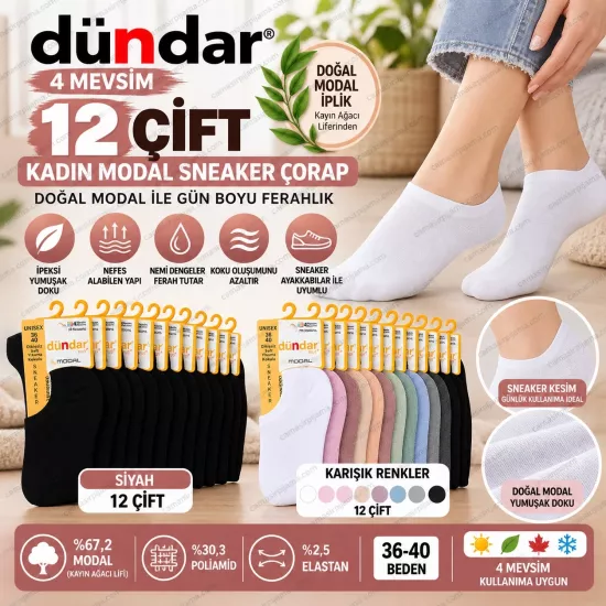 Dündar 12 Çift Kadın Modal Sneaker Çorap