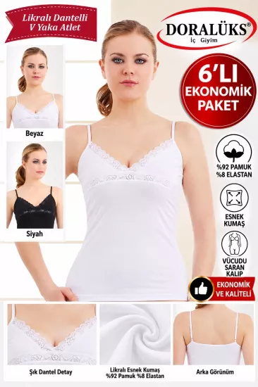 Doralüks 6 Adet Kadın  Likralı Dantelli İp Askılı Atlet