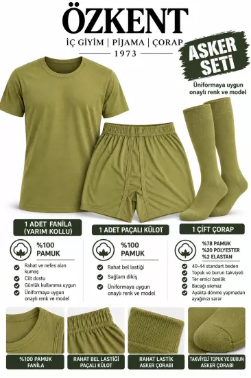 Asker 3 Parça Haki Renk İç Çamaşır ve Çorap Set